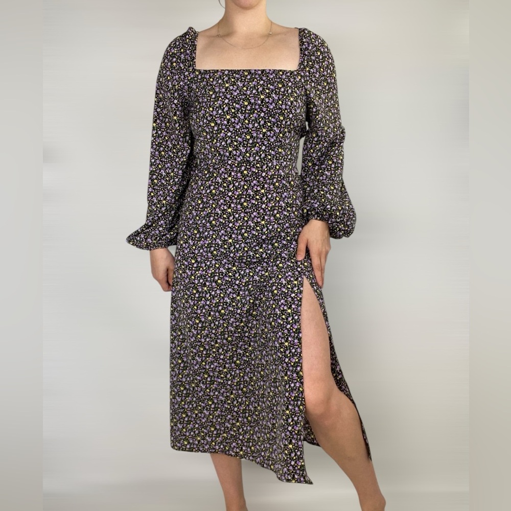 SEVEN‎ WONDERS Lace Back Floral Long Sleeve Puff Slit Maxi Dress Square Neck